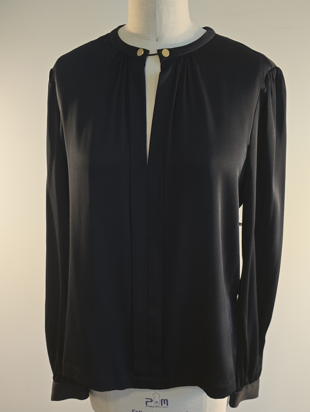 Diane Von Furstenberg Black Long-Sleeve Split-Placket Blouse with Gold Buttons